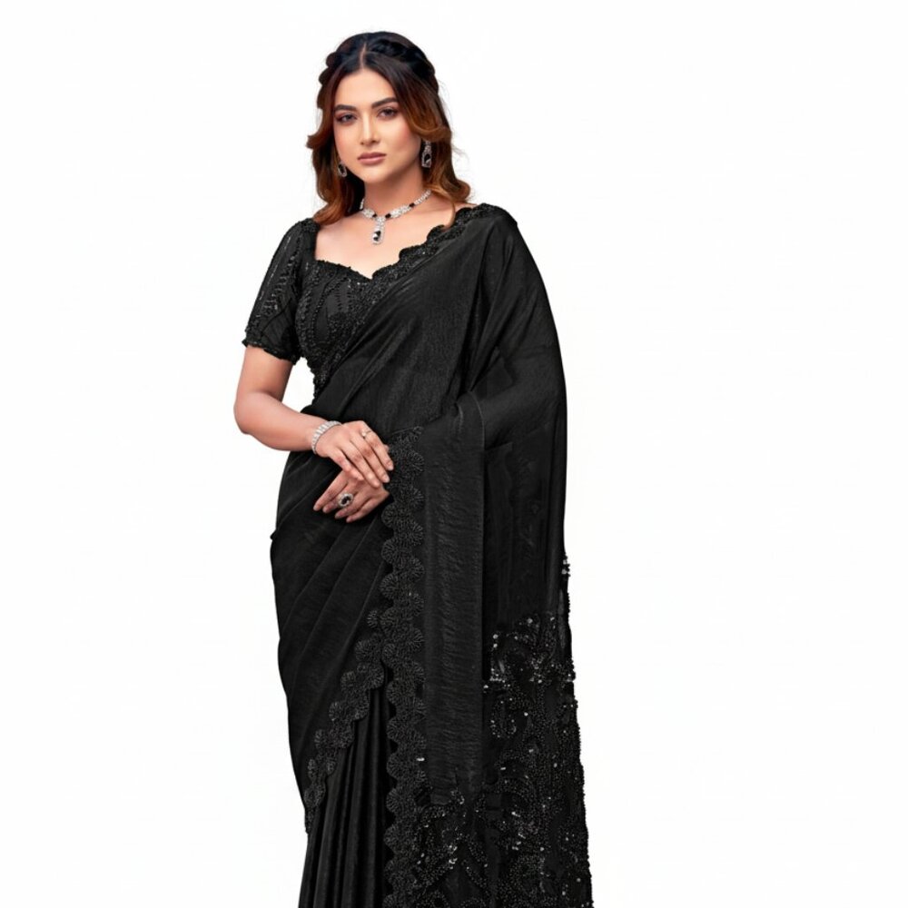 Elegant Women's Armani Black Tulle Saree with Beaded Handwork - Premium Wear